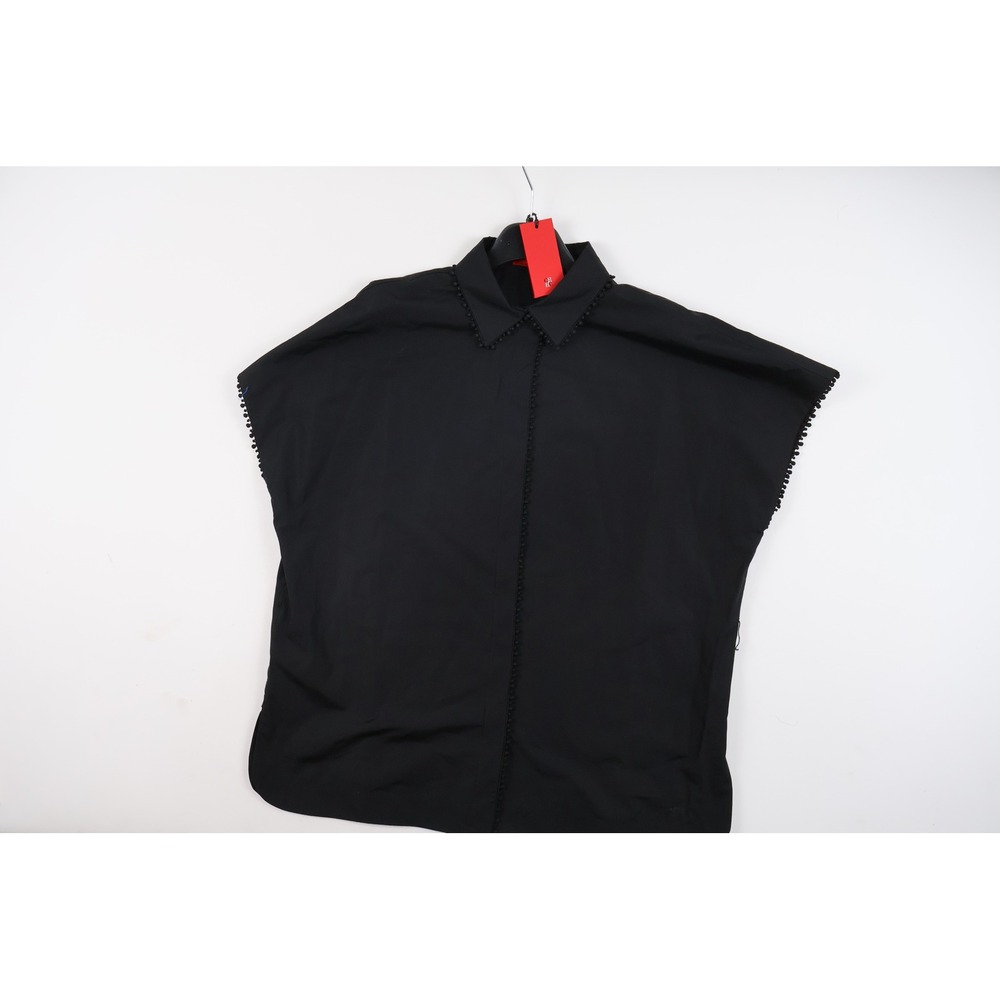 Carolina Herrera Blouse Pom Pom Trim Black Solid Medium NWT MSRP 595